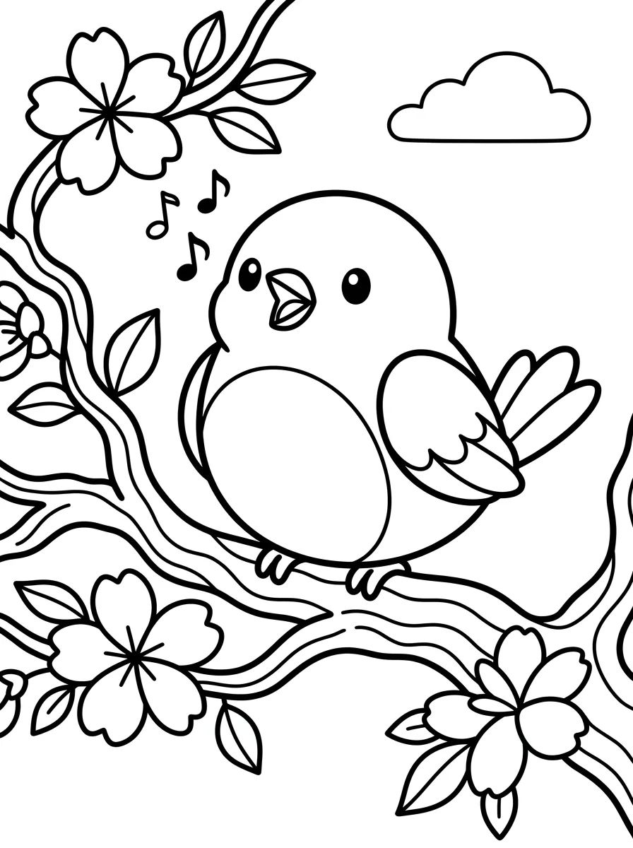 Passarinho Cantando no Galho Florido para colorir Desenho de Passarinho Cantando no Galho Florido para colorir e imprimir grátis