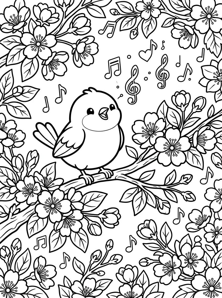 Passarinho Cantando no Galho Florido para colorir Desenho de Passarinho Cantando no Galho Florido para colorir e imprimir grátis