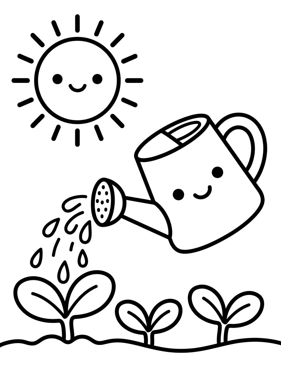 Smiling Watering Can and Flowers para colorir Desenho de Smiling Watering Can and Flowers para colorir e imprimir grátis