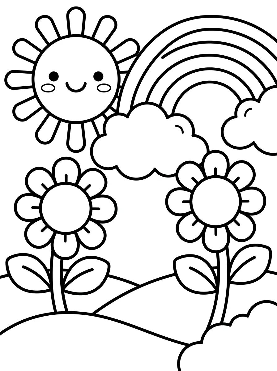 Sol Sorridente e Arco-Íris no Jardim para colorir Desenho de Sol Sorridente e Arco-Íris no Jardim para colorir e imprimir grátis