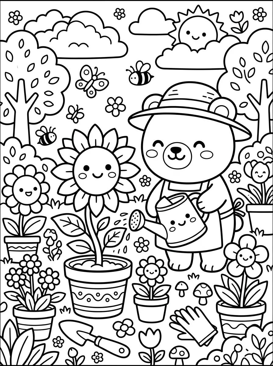 Ursinho Cultivando Flores de Primavera para colorir Desenho de Ursinho Cultivando Flores de Primavera para colorir e imprimir grátis