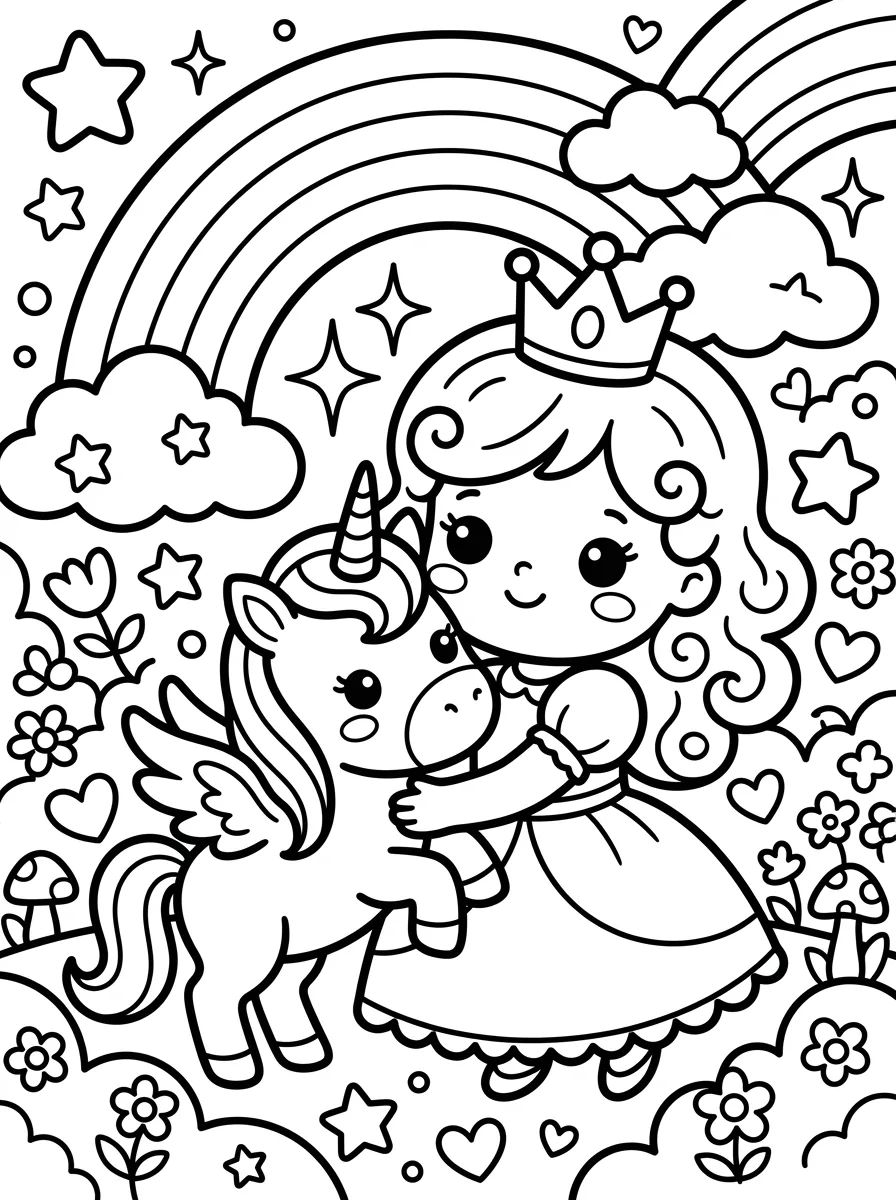 Princesa com Unicórnio Mágico para colorir Desenho de Princesa com Unicórnio Mágico para colorir e imprimir grátis