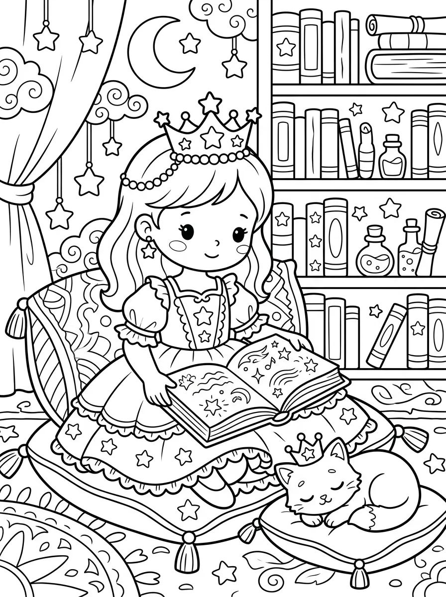 Princesa Lendo Livro Mágico para colorir Desenho de Princesa Lendo Livro Mágico para colorir e imprimir grátis