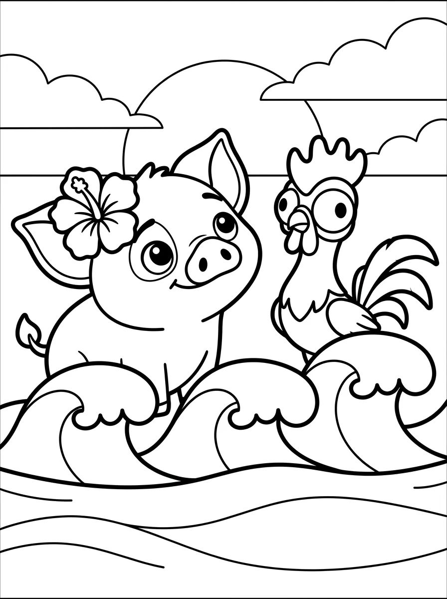 Pua e Hei Hei Brincando nas Ondas para colorir Desenho de Pua e Hei Hei Brincando nas Ondas para colorir e imprimir grátis
