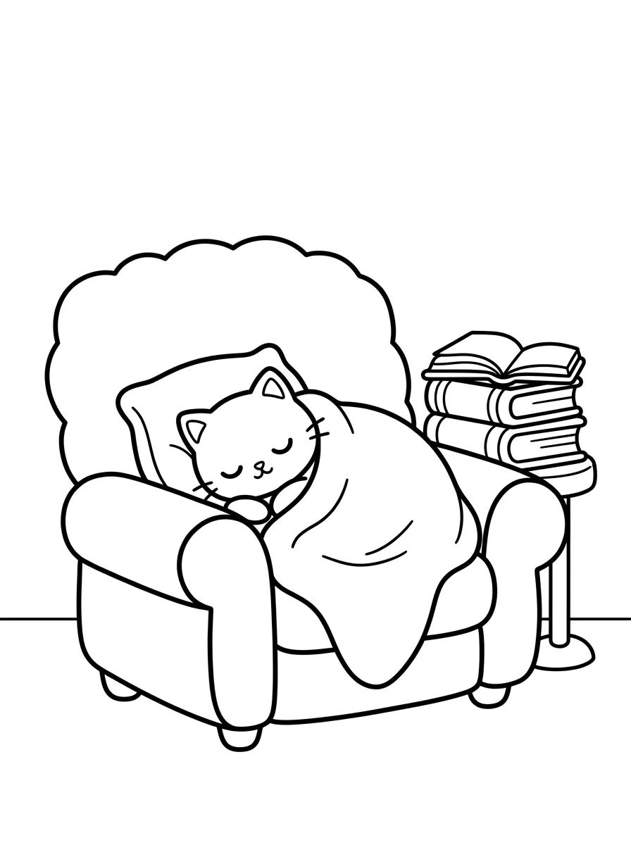 Gatinho Dormindo no Cantinho da Leitura para colorir Desenho de Gatinho Dormindo no Cantinho da Leitura para colorir e imprimir grátis