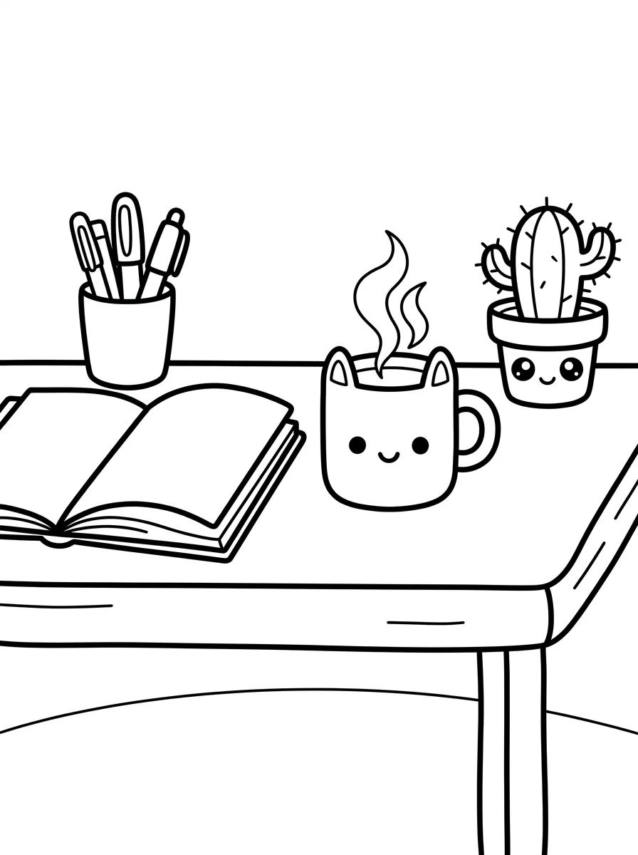 Mesa de Estudos e Chá Quentinho para colorir Desenho de Mesa de Estudos e Chá Quentinho para colorir e imprimir grátis