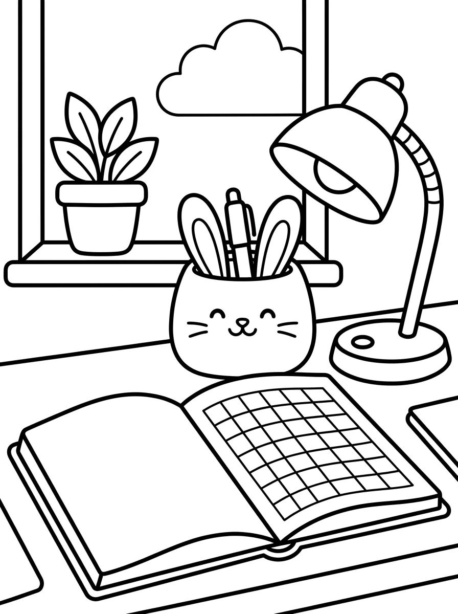Mesa de Estudos Organizada e Fofa para colorir Desenho de Mesa de Estudos Organizada e Fofa para colorir e imprimir grátis