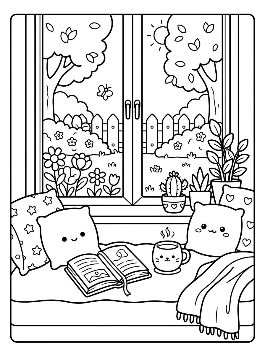 Cantinho do Café e Leitura na Janela para colorir Desenho de Cantinho do Café e Leitura na Janela para colorir e imprimir grátis