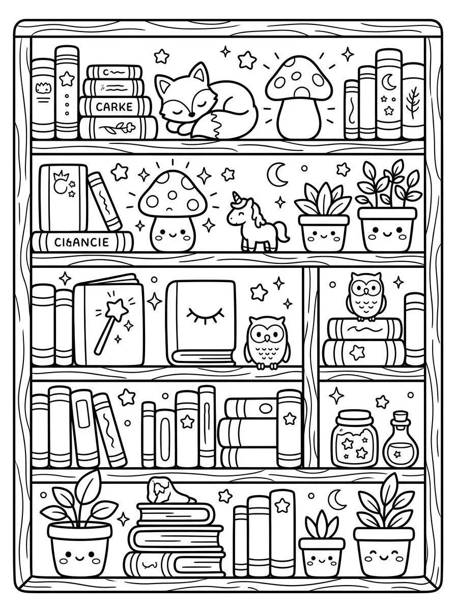 Estante de Livros Mágica para colorir Desenho de Estante de Livros Mágica para colorir e imprimir grátis