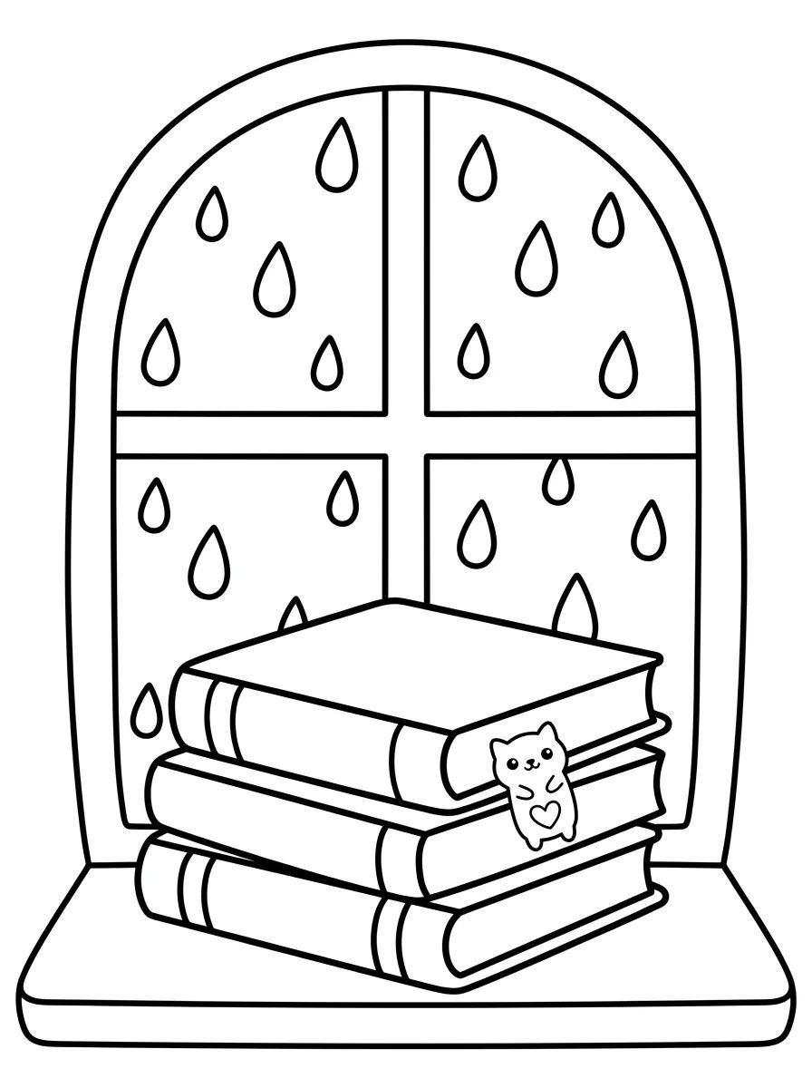 Janela Chuvosa e Livro de Histórias para colorir Desenho de Janela Chuvosa e Livro de Histórias para colorir e imprimir grátis