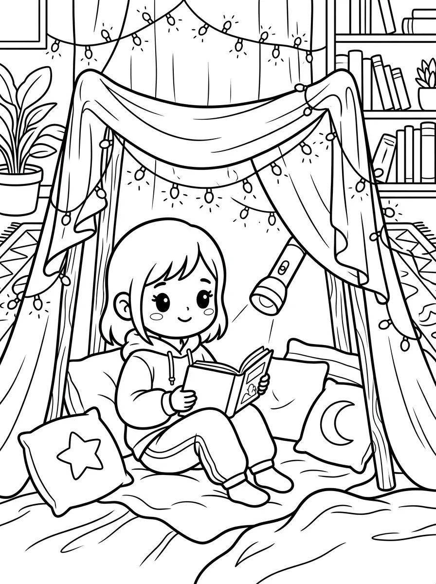 Menina Lendo na Cabaninha de Lençol para colorir Desenho de Menina Lendo na Cabaninha de Lençol para colorir e imprimir grátis