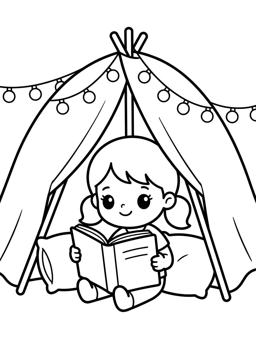 Menina Lendo na Cabaninha para colorir Desenho de Menina Lendo na Cabaninha para colorir e imprimir grátis