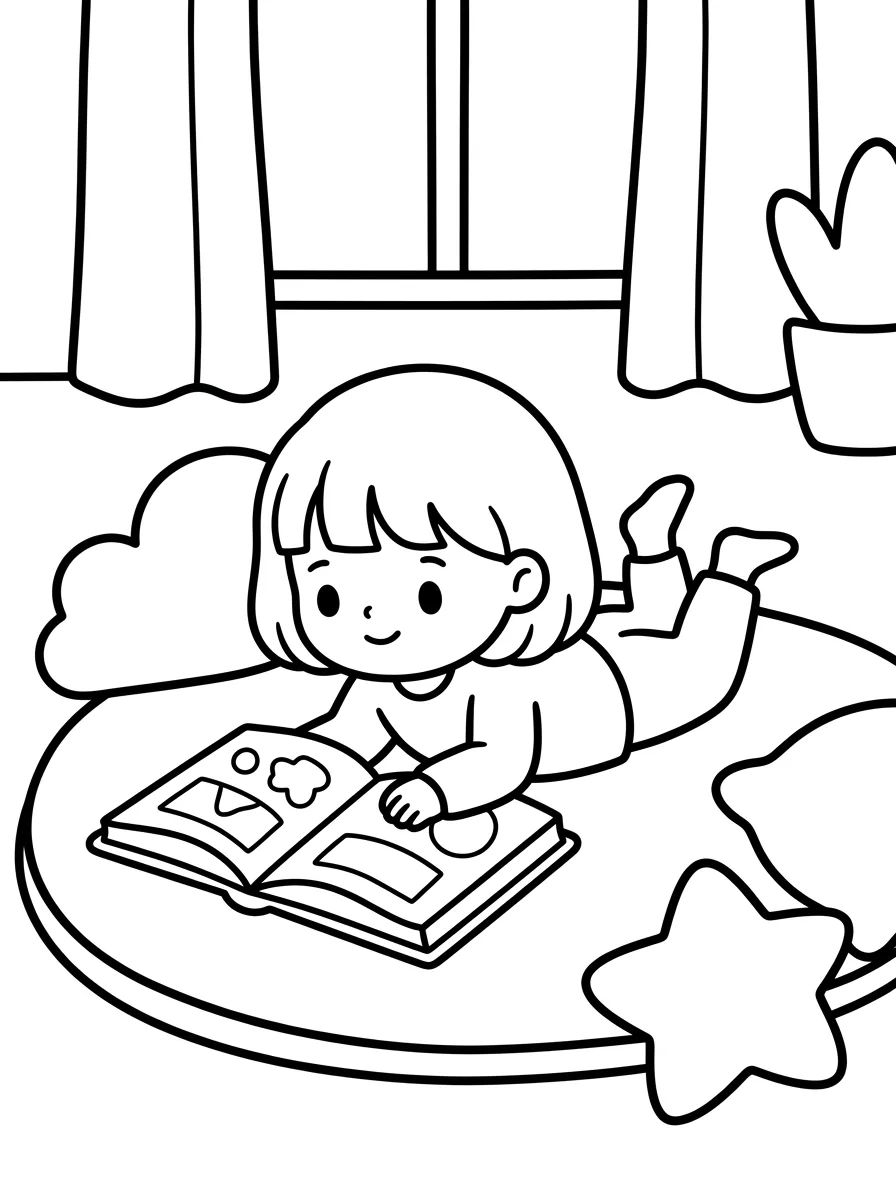 Menina Lendo no Tapete da Sala para colorir Desenho de Menina Lendo no Tapete da Sala para colorir e imprimir grátis