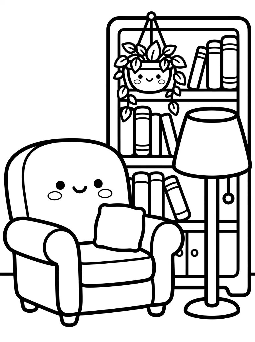 Poltrona e Estante de Livros Aconchegante para colorir Desenho de Poltrona e Estante de Livros Aconchegante para colorir e imprimir grátis