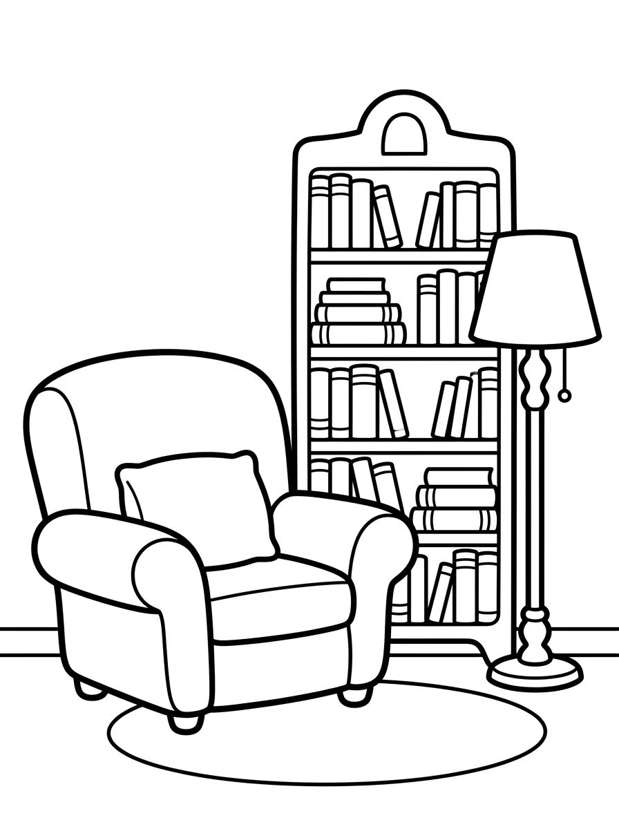 Poltrona e Estante de Livros Mágica para colorir Desenho de Poltrona e Estante de Livros Mágica para colorir e imprimir grátis