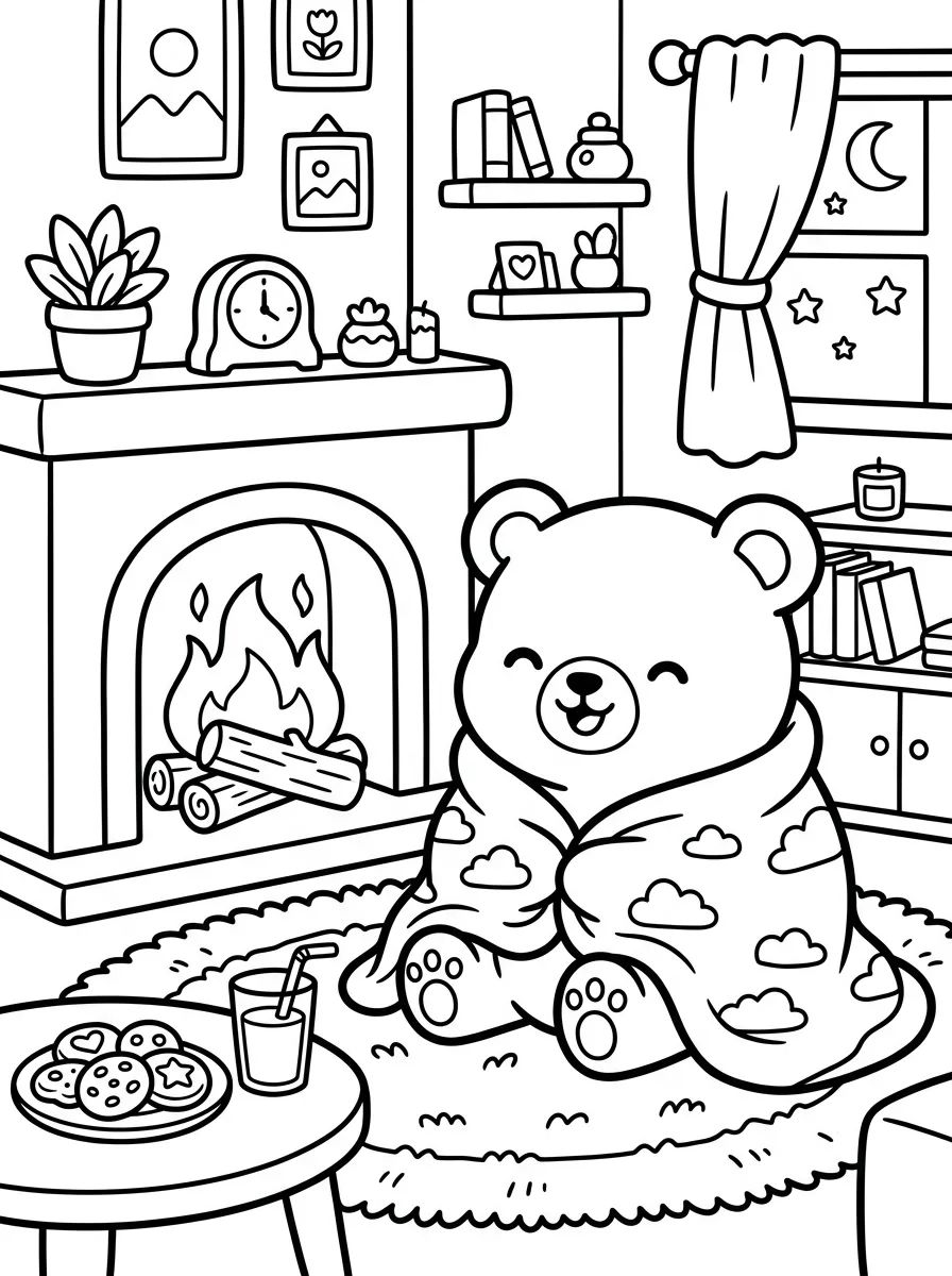 Ursinho Aconchegado na Lareira para colorir Desenho de Ursinho Aconchegado na Lareira para colorir e imprimir grátis