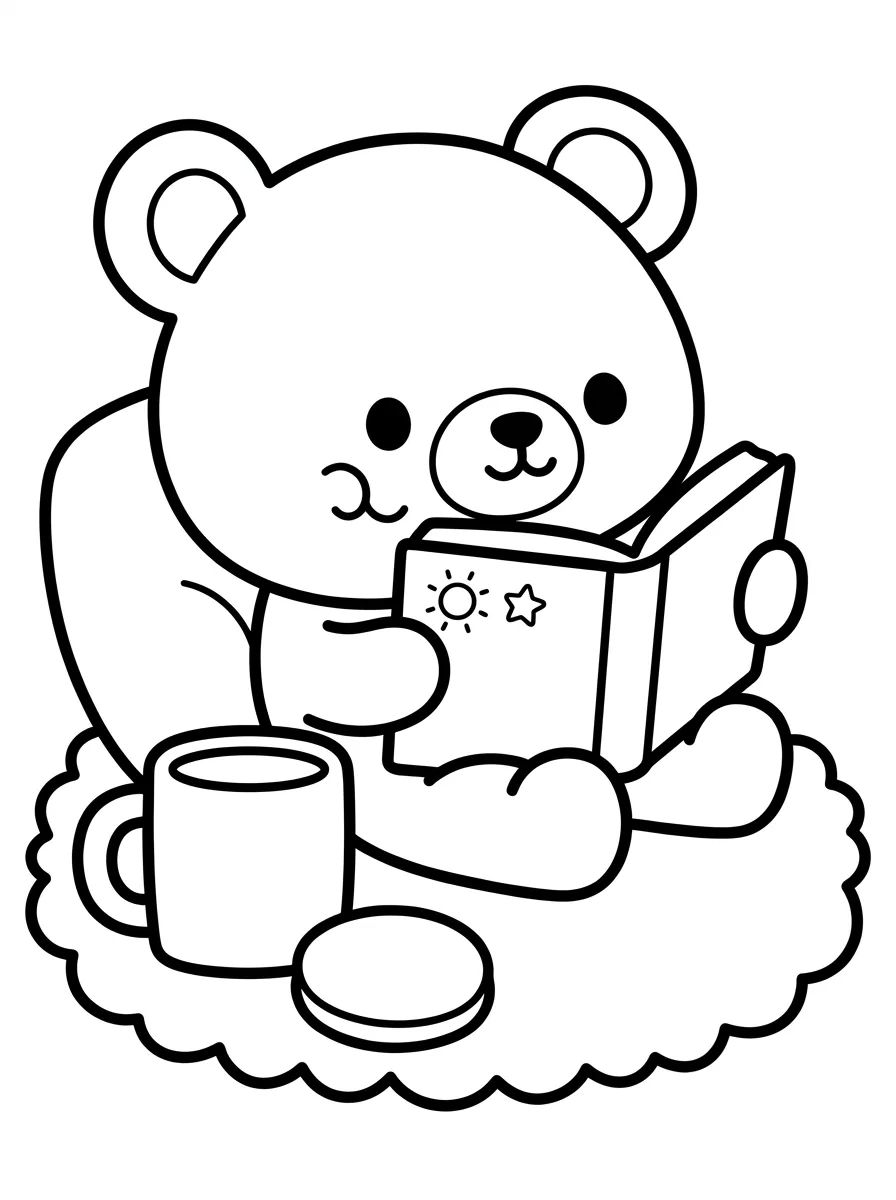 Ursinho com Chá e Livro no Tapete da Sala para colorir Desenho de Ursinho com Chá e Livro no Tapete da Sala para colorir e imprimir grátis