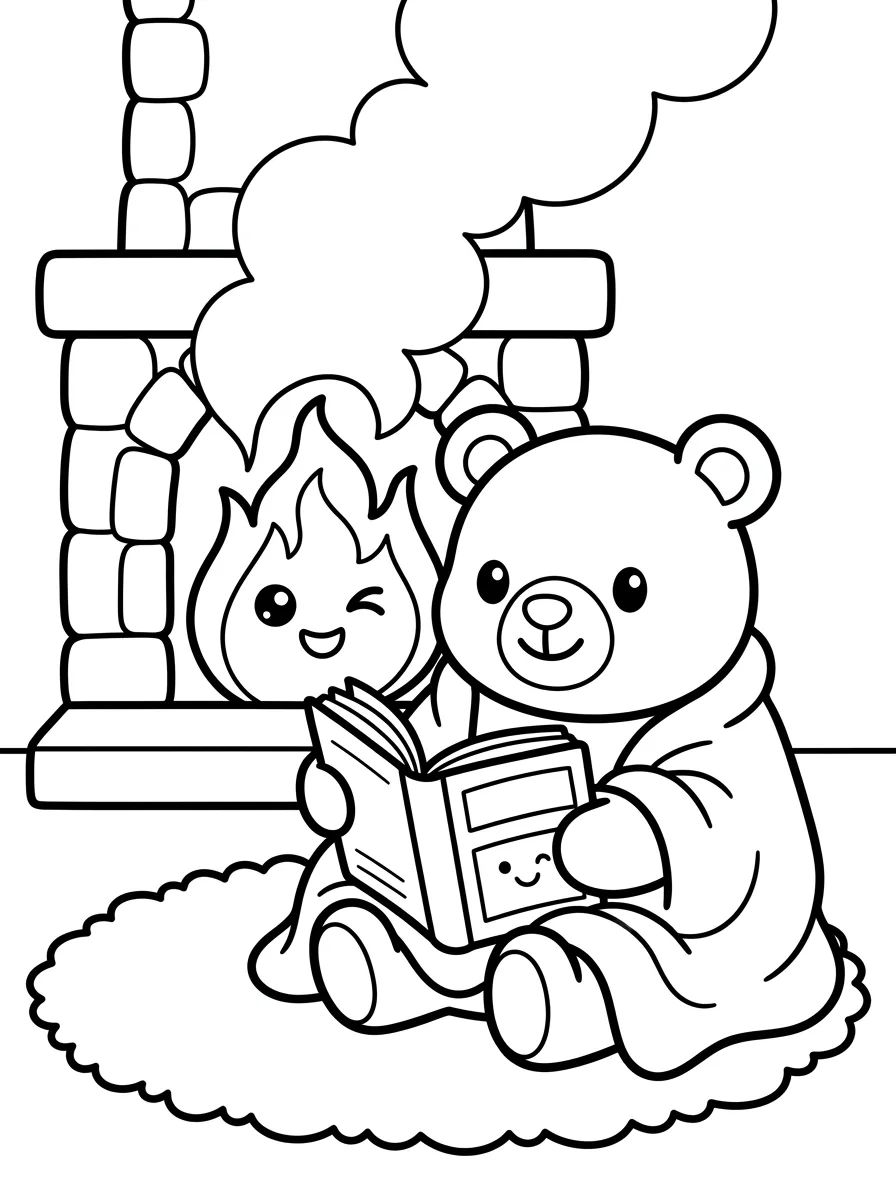 Ursinho Lendo Perto da Lareira para colorir Desenho de Ursinho Lendo Perto da Lareira para colorir e imprimir grátis