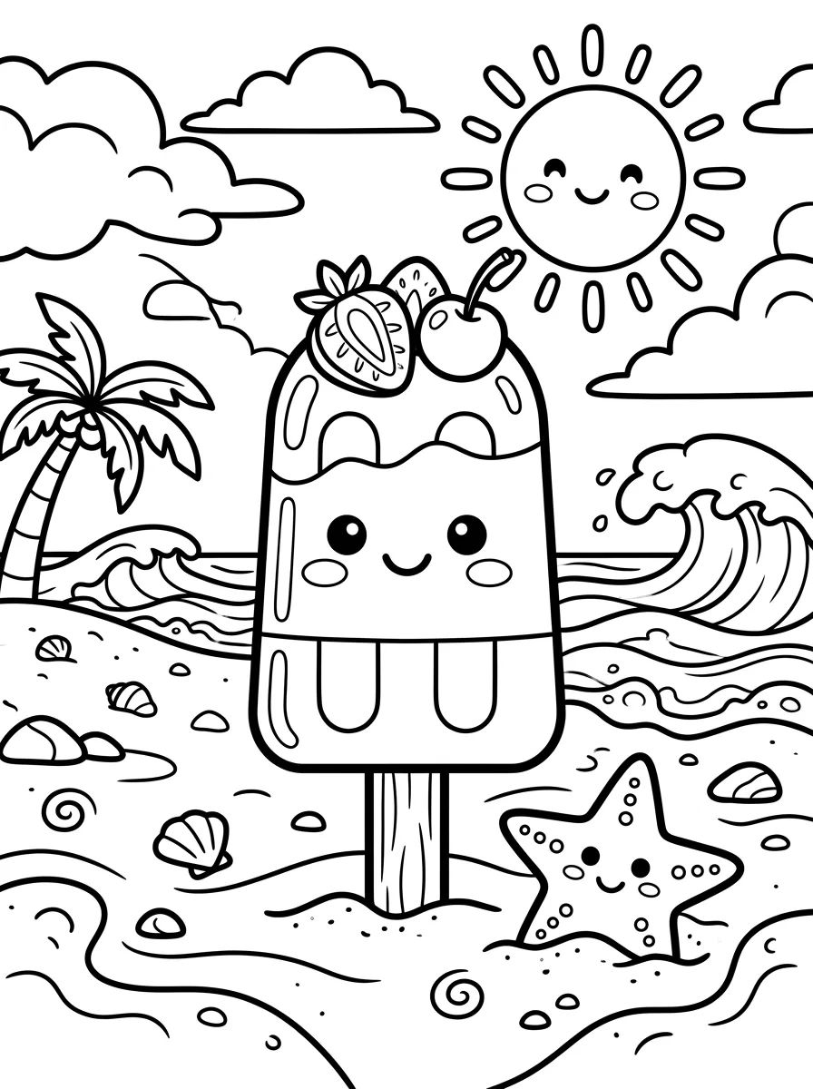 Picolé Fofo na Beira da Praia para colorir Desenho de Picolé Fofo na Beira da Praia para colorir e imprimir grátis