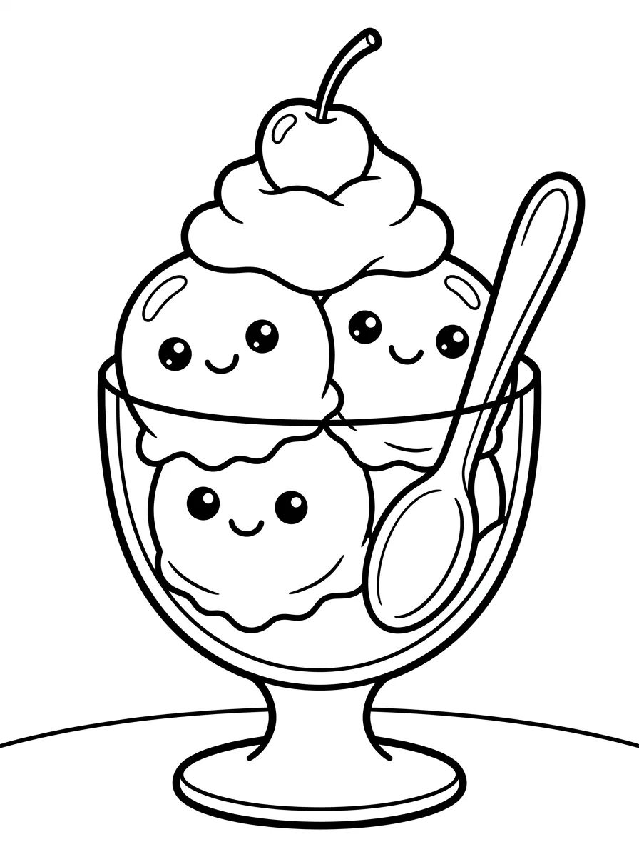 Taça de Sorvete Sundae Kawaii para colorir Desenho de Taça de Sorvete Sundae Kawaii para colorir e imprimir grátis