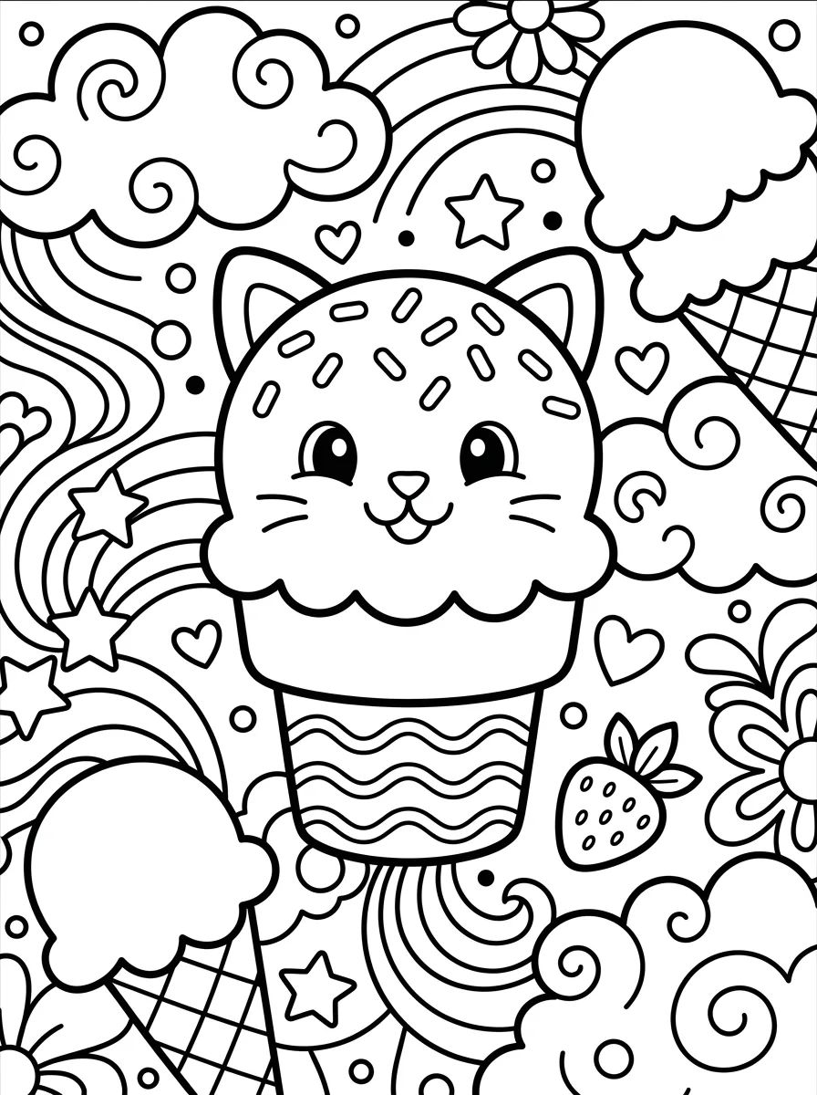 Gatinho Sorvete Kawaii para colorir Desenho de Gatinho Sorvete Kawaii para colorir e imprimir grátis