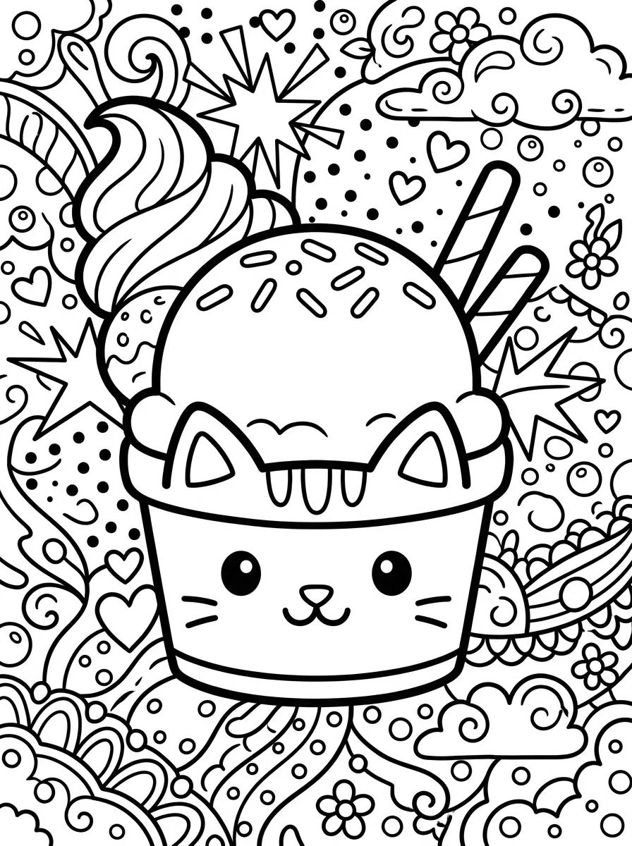 Gatinho Sorvete Kawaii para colorir Desenho de Gatinho Sorvete Kawaii para colorir e imprimir grátis