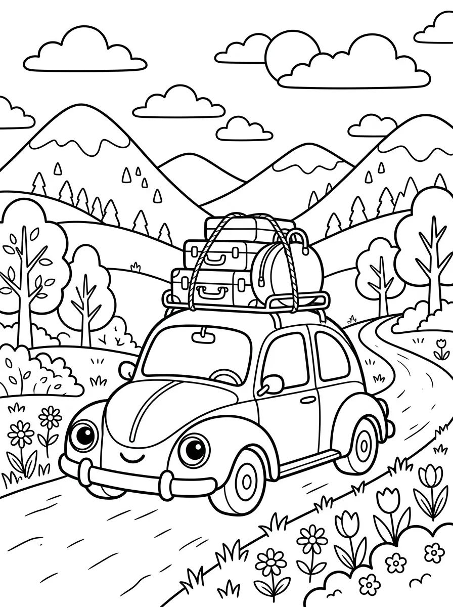 Carro Fofinho em Viagem de Férias para colorir Desenho de Carro Fofinho em Viagem de Férias para colorir e imprimir grátis