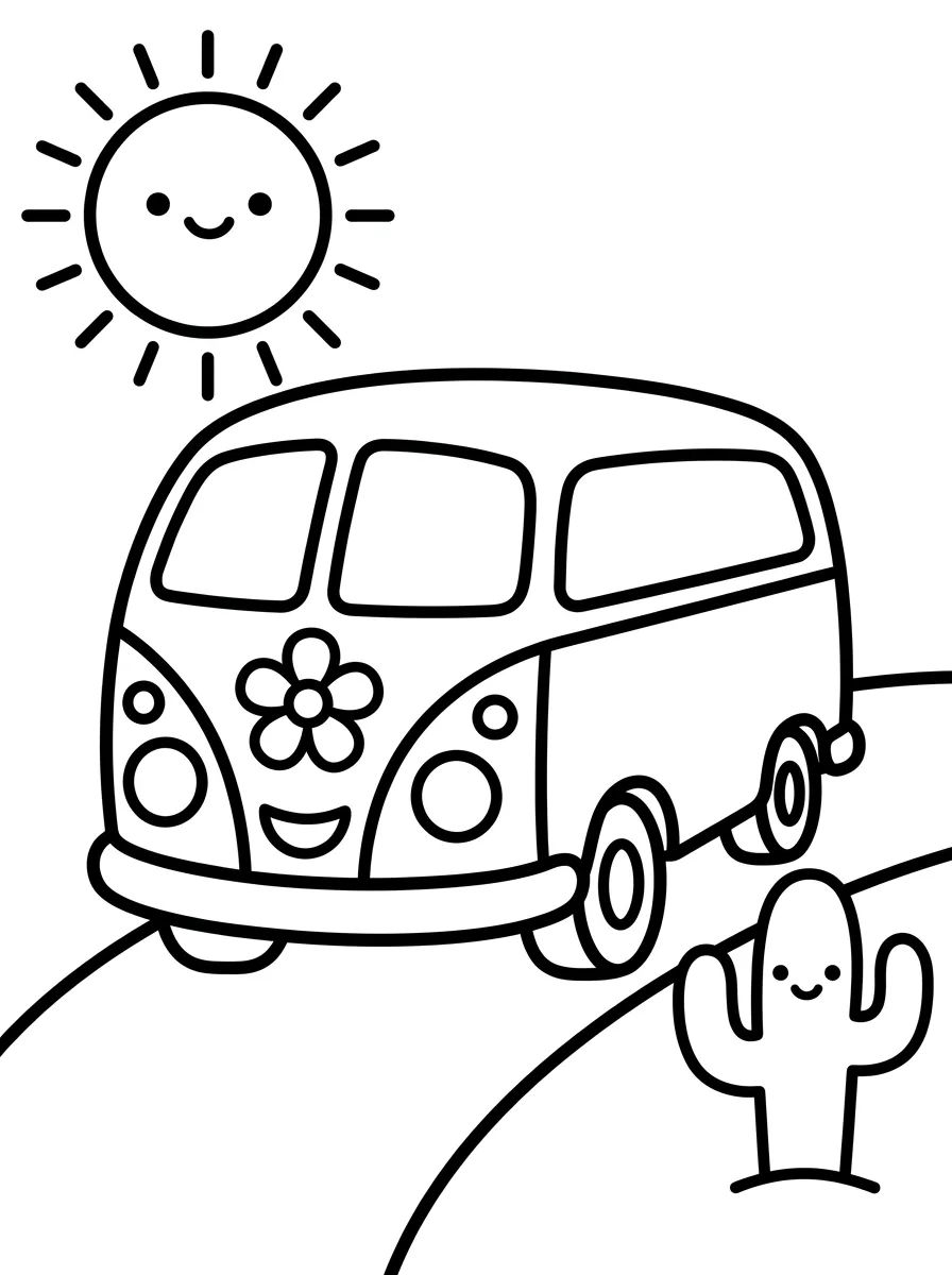Kombi Fofa em uma Aventura de Estrada para colorir Desenho de Kombi Fofa em uma Aventura de Estrada para colorir e imprimir grátis