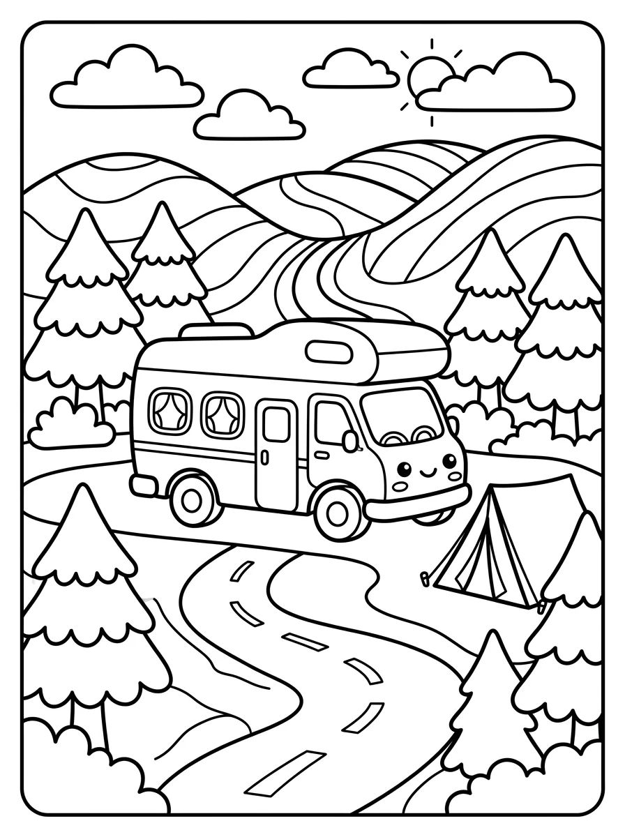 Motorhome Fofo na Estrada do Acampamento para colorir Desenho de Motorhome Fofo na Estrada do Acampamento para colorir e imprimir grátis