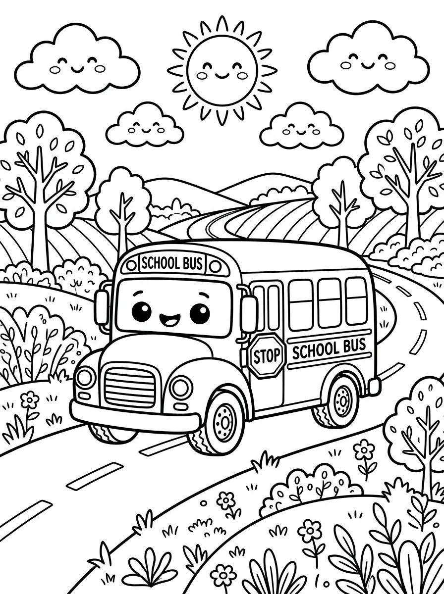 Ônibus Alegre Passeando na Estrada para colorir Desenho de Ônibus Alegre Passeando na Estrada para colorir e imprimir grátis