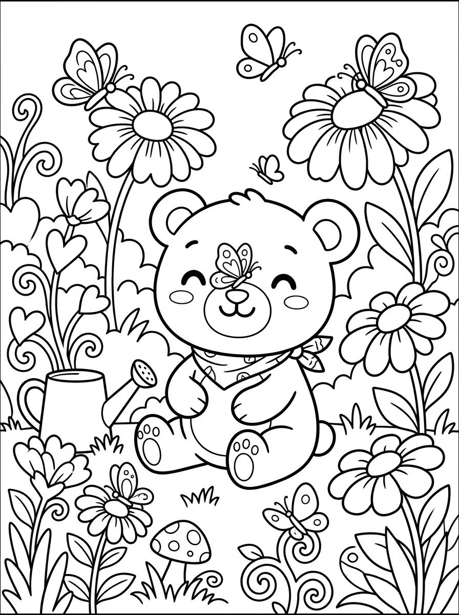 Ursinho Bobbie no Jardim com Borboletas para colorir Desenho de Ursinho Bobbie no Jardim com Borboletas para colorir e imprimir grátis