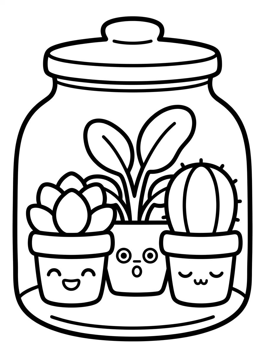Mini Terrário de Plantinhas Kawaii para colorir Desenho de Mini Terrário de Plantinhas Kawaii para colorir e imprimir grátis