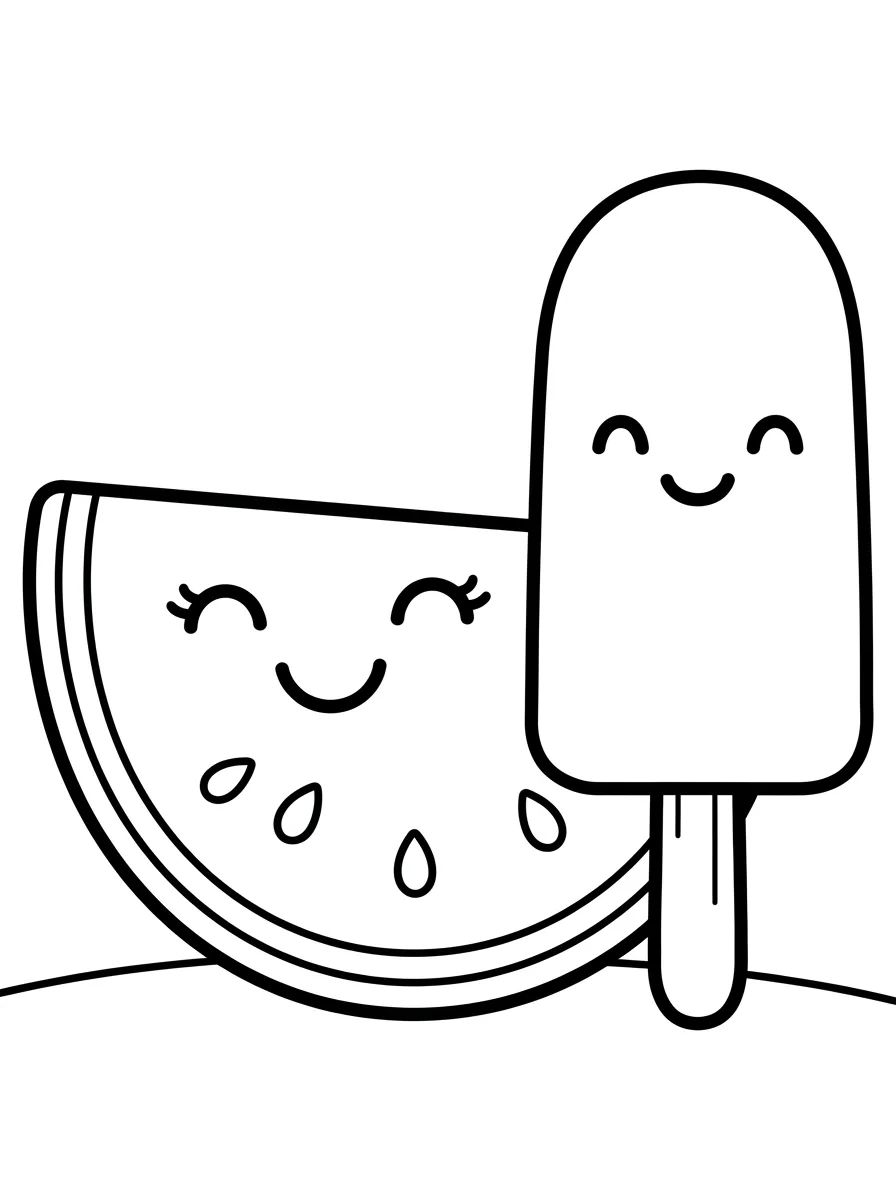 Picolé e Fatia de Melancia Fofos para colorir Desenho de Picolé e Fatia de Melancia Fofos para colorir e imprimir grátis